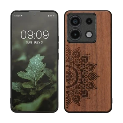 Abbildung von kwmobile Hülle kompatibel mit Xiaomi Redmi Note 13 Pro 5G / Poco X6 Holz Case Handy Cover TPU Handyhülle in Dunkelbraun Aufgehende Sonne