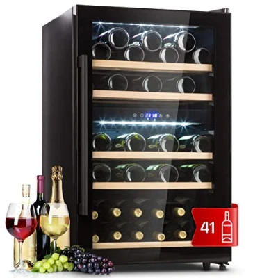 Abbildung von Klarstein Weinkühlschrank, Getränkekühlschrank Schmal, 2 Zonen Kühlschrank mit Glastür, Getränkekühlschränke Freistehend, Weinkühlschrank Klein, Weinkühlschränke UV Schutz, 5 22 C, 29 Flaschen