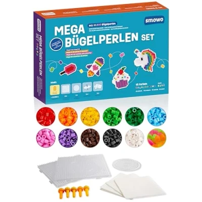 Abbildung von Smowo® 10.000 Bügelperlen Set inkl. 15 Farben, Steckplatten und Zubehör 5mm Perlen Basteln Box Perfektes Geburtstags Spielzeug