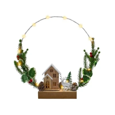 Abbildung von Spetebo LED Dekoring 20 mit Holzhaus 30 cm Deko Aufsteller Winterszene Timer Metall Advent Weihnachts Tischdeko