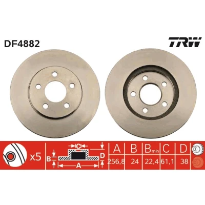 Abbildung von TRW DF4882 Bremsscheibe 257 24 5 100 Belüftet lackiert CHRYSLER: Voyager 4, / Grand 3