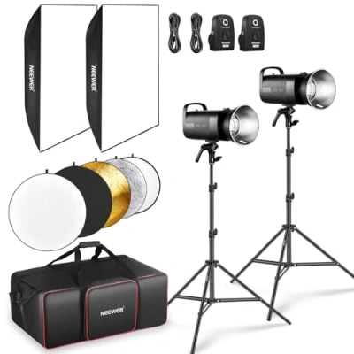 Abbildung von NEEWER S102 400W PRO Flash Blitzlicht Set (2er Pack) mit 2x 2,4G Auslöser, Foto Lichtstativ, Softbox, 5 in 1 Reflektor, Tasche, 400Ws GN62 5600K 30W LED Einstelllampe, Bowens Mount leiser Lüfter