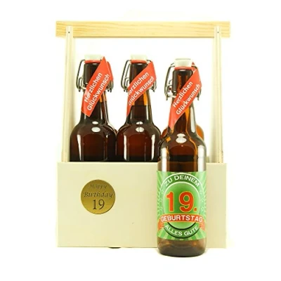 Abbildung von Bier Geschenk 6 er Holz Träger mit Fl. 19. Geburtstag