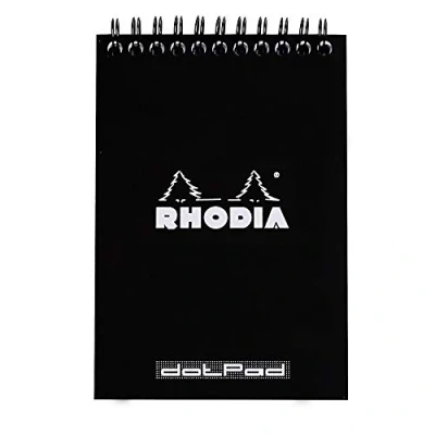 Abbildung von Rhodia 135039C Notizblock (DIN A6, 10,5 x 14,8 cm, Doppelspirale, dot grid, mikroperforiert, 80 Blatt) 1 Stück schwarz