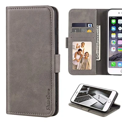 Abbildung von LG K8 2017 Hülle, Leder Wallet Case mit Bargeld &amp; Kartenfächer Weiche TPU Back Cover Magnet Flip für (Grau)
