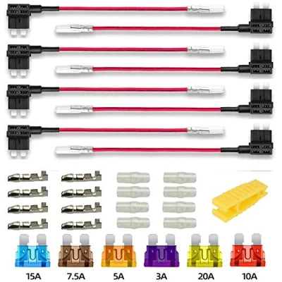 Abbildung von Gebildet 8pcs 12V 24V Standard Autosicherungen Add A Circuit Sicherung Tap,Mittel Größe Stecksicherung Verteiler Flachsicherungsadapter mit 6pcs (3A/5A/7.5A/10A/15A/20A)+Sicherungsabzieher