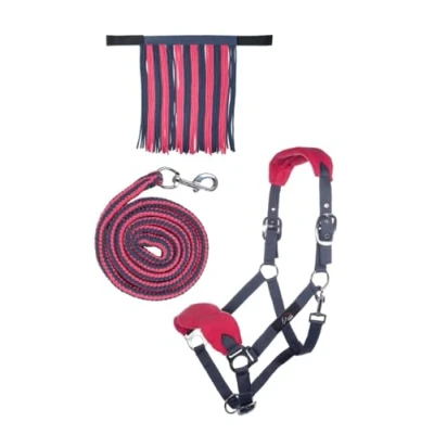 Abbildung von HKM 10733 Halfterset, Halfter Fliegenfransen Strick 180cm Karabiner, Grau/Pink, Pony