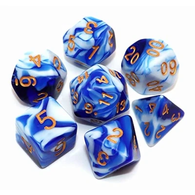 Abbildung von CREEBUY Polyedrisches Würfelset für Dungeon and Dragons, COC, Rollenspiele, Tischspiele, 7 teiliges Würfel Set, mit Würfelbeutel, Blau Weiß
