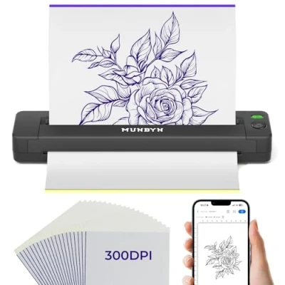 Abbildung von MUNBYN Tattoo Drucker 300 DPI Bluetooth Stencil Printer für Haut Tattoodrucker Thermodrucker Anfänger, Android iOS Mac Windows, ITP06, Schwarz