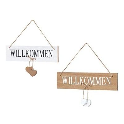 Abbildung von Levandeo® Wandbild, 2er Set Tür Schilder Türhänger Willkommen Holz Herz Kordel