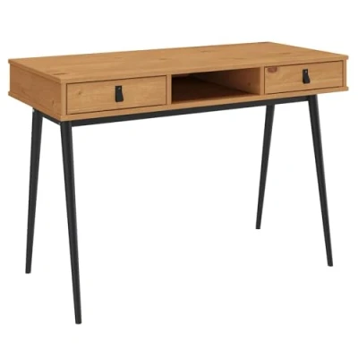 Abbildung von IDIMEX Schreibtisch Kim eichefarben/schwarz Bürotisch mit 2 Schubladen aus Kiefer Massivholz, Home Office offenem Fach