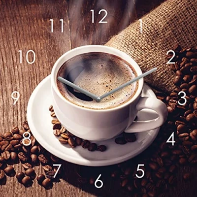 Abbildung von Levandeo® Wanduhr (Wanduhr Glas 20x20cm Kaffee Tasse Coffee Uhr Glasbild Küche Cafe)