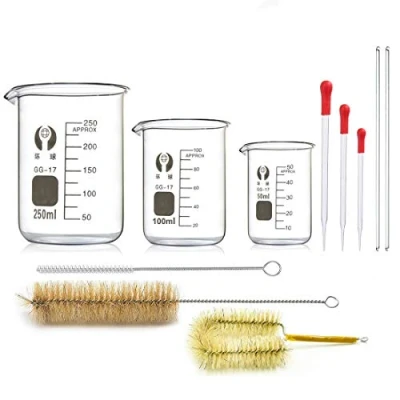Abbildung von Borosilikatglas Bechergläser Set, JESSTOLO 3 Stück Dickglas Graduierten Becherglas mit Klare Ausguss 50ml 100ml 250ml, Glas Pipetten, Waschbürste und 2 Glasstab, für Labor Forschung Medizin