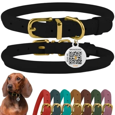 Abbildung von BRONZEDOG Hundehalsband aus gerolltem Leder mit QR ID Tag, verstellbar, weiche runde Halsbänder für kleine, mittelgroße und große Hunde, Welpen, Katzen (Schwarze Nacht, 35 41 cm)
