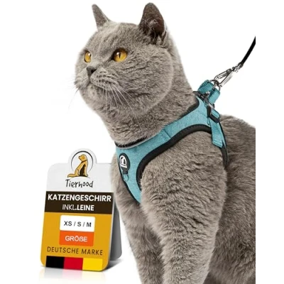 Abbildung von Tierhood Katzengeschirr Set mit Leine für kontrollierte Freiheit Softgeschirr Komfortabel, Einstellbar &amp; Robust Geschirr aktive Katzen (Blau, Größe XS)