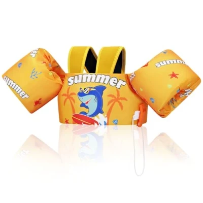 Abbildung von MoKo Kinder Schwimmflügel, Cartoon Schwimmende Badeanzug Schwimmweste, Schwimmtraining Jacke Schwimmflügel mit Schnalle für Jungen Mädchen 9 bis 22,6 kg, Gelber Hai Skateboard