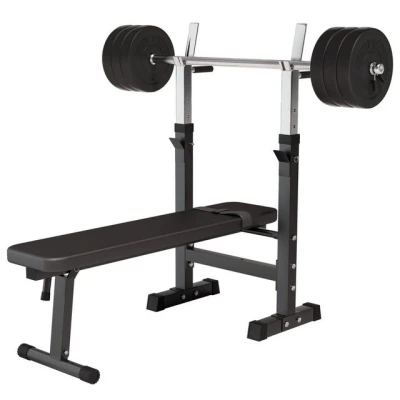 Abbildung von GORILLA SPORTS Hantelbank mit Ablage, Dip Station, inkl. Hantelset 100kg, Klappbar, Schwarz/Weiß