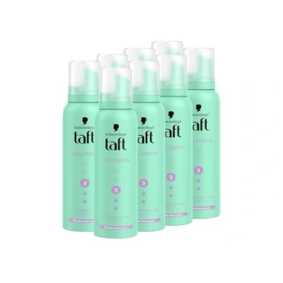 Abbildung von Schwarzkopf Taft Schaumfestiger Volumen (8x 150ml), Haltegrad 3, Haarschaum für alle Haartypen, volumengebendes Mousse, verhindert Föhnschäden, ohne zu verkleben, vegane Formel*