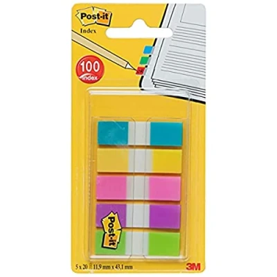 Abbildung von Post it Register Tabs, PP, 11,9x43,1mm, 5x20 verschiedene Farben, 1 Stück