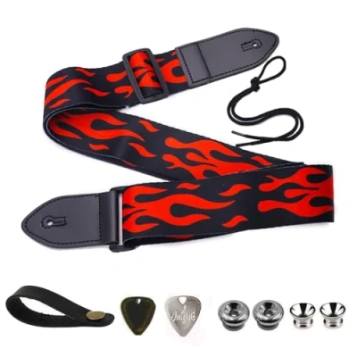 Abbildung von BetterJonny Gitarrengurt, Verstellbarer Gitarren Gurt Gitarrenband Guitar Strap mit Lederenden Plektrum Knöpfe Gitarrenhals für E Gitarre Akustikgitarre Bass, Flamme