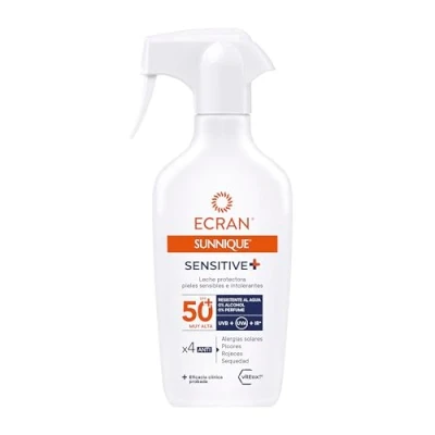 Abbildung von Ecran Sunnique Sonnenmilch LSF 50+ Sensitive in Spray, sehr hoher UVA , UVB und IR A Schutz, sonnenallergisch, wasserdicht, helle sonnenunverträgliche Haut, 270 ml