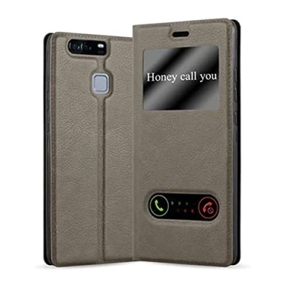Abbildung von Cadorabo Hülle kompatibel mit Huawei P9 Sichtfenster aus Premium Kunst Leder Flip Klappbare Stoßfeste Magnetische [Standfunktion] [Kartenfächern] Cover für Tasche in Braun