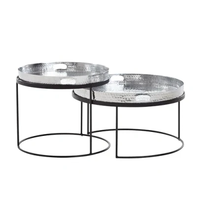 Abbildung von FineBuy Couchtisch 2er Set Metall Hammerschlag Satztisch Rund, Sofatisch abnehmbares Tablett, Tabletttisch Sofa 2 teilig Modern, Runder Beistelltisch