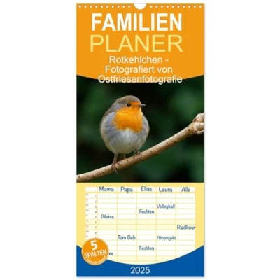 Abbildung von Familienplaner 2025 Rotkehlchen Fotografiert von Ostfriesenfotografie mit 5 Spalten (Wandkalender, 21 cm x 45 cm), CALVENDO