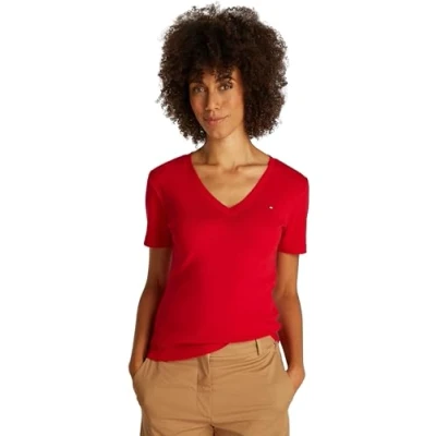 Abbildung von Tommy Hilfiger Damen T Shirt Kurzarm New Slim Cody V Ausschnitt, Rot (Primary Red), S