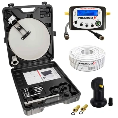 Abbildung von Premium X Camping TV Sat Anlage Satelliten Schüssel Single LNB 10m Antennen Kabel F Stecker Signalfinder im Koffer
