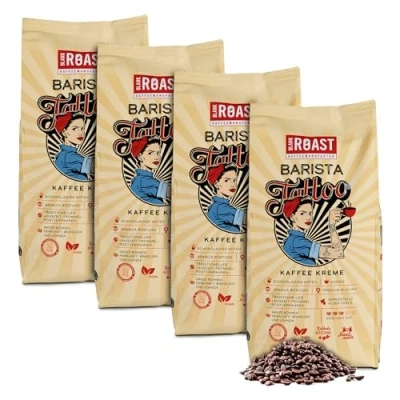 Abbildung von BLANK ROAST Barista Tattoo Kaffee Kreme 1kg (4er Pack) im Trommel Röstverfahren geröstet Bohnen aus den besten Anbaugebieten Premium Arabica kräftig, schokoladig &amp; nussig säurearm