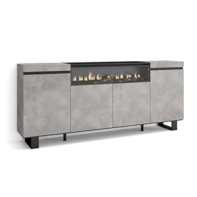 Abbildung von Skraut Home Sideboard, Highboard Kommode, Komodenschrank 200x87x35cm 4 Türen Elektrokamin. Maße Industriedesign Moderner Stil Zement