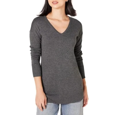 Abbildung von Amazon Essentials Damen Leichter Tunika Pullover Mit Langen Ärmeln Und V Ausschnitt (Erhältlich In Übergröße), Dunkelgrau Meliert, XL