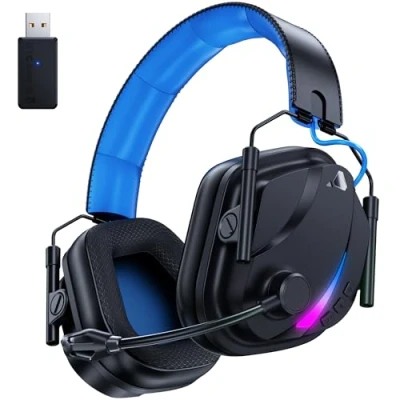Abbildung von Vakedy Wireless Gaming Headset, Bluetooth Headset mit Mikrofon,PS5 Wireless,2,4G für PS5,PS4,PC,Switch,Mac,Mobile,Wireless Kopfhörer Zwei Modi Schwarz/Blau