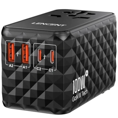 Abbildung von LENCENT Universal Reiseadapter 100W Schnellladung, Internationaler Reisestecker Adapter für Typ A/C/G/I(UK,EU,AU,US) Steckdosen, 2 USB A &amp; C Schnelles Aufladen Handy, Laptops, Schwarz