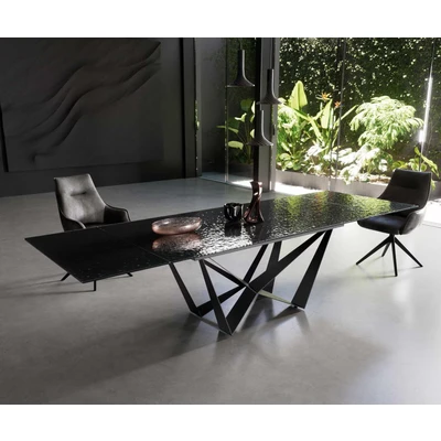 Abbildung von Esstisch Edge 200 300x100 Reliefglas Rauchschwarz 3D Design Spider Flachstahl Schwarz ausziehbar