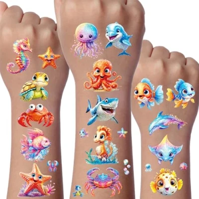 Abbildung von Ocean Glitzer Tattoo Set Kinder, 12 Blätter Ozean Temporäre Meerestiere Fake Tattoos Kinder Glitzer, Meer Geschenke für Unter dem Partyartikel