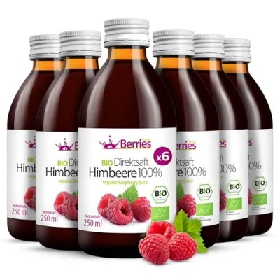 Abbildung von BIO Himbeersaft 6er Pack (6x250ml) purer Himbeer Direktsaft 100% Kaltgepresst Muttersaft ohne Farbstoffe, Zucker, GMO, Konservierungsstoffe Vegan BerriesPolska®