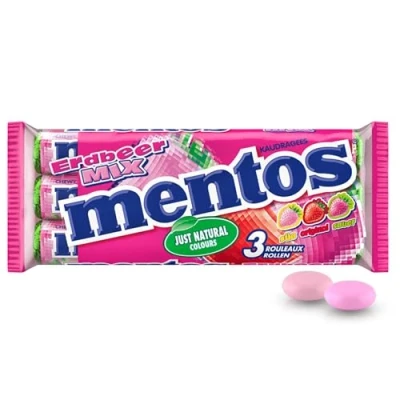 Abbildung von Mentos Erdbeere Mix süß original sauer, 3 Rollen, 112,5 g
