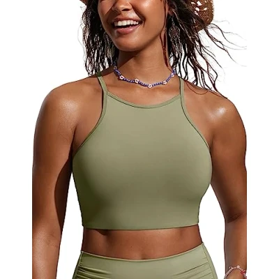 Abbildung von CRZ YOGA Damen Bikinitops Stehkragen Bikini Sport BH Racerback Gepolstert Bikinioberteil Sexy Oberteil moosgrün 44