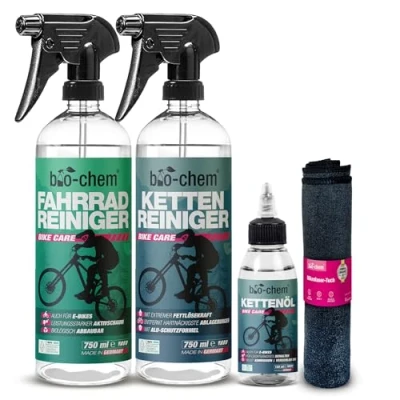 Abbildung von bio chem Fahrrad Reinigungsset 4 teilig Extrem effektives &amp; materialschonendes Pflegeset: 1x Fahrradreiniger 750ml + Kettenreiniger Kettenöl 100 ml Mikrofasertuch