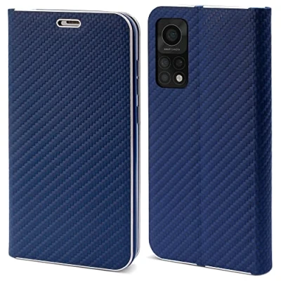 Abbildung von Moozy Hülle für Xiaomi Mi 10T 5G, Pro Dunkelblau Carbon Metallischer Kantenschutz Klapphülle Handyhülle mit Kartenfach und Standfunktion