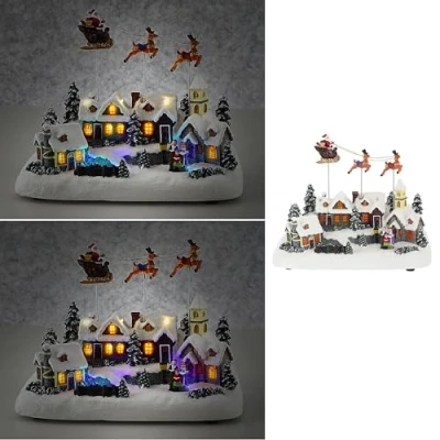 Abbildung von Cepewa LED Winterlandschaft Fliegender Santa Schlitten 29x22cm Polyresin Bunte LEDs batteriebetrieben An /Ausschalter Weihnachtsdekoration (1 x Schlitten)