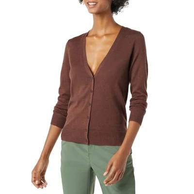 Abbildung von Amazon Essentials Damen Leichter Cardigan mit V Ausschnitt (in Übergröße erhältlich), Dunkles Kastanienbraun Meliert, XS