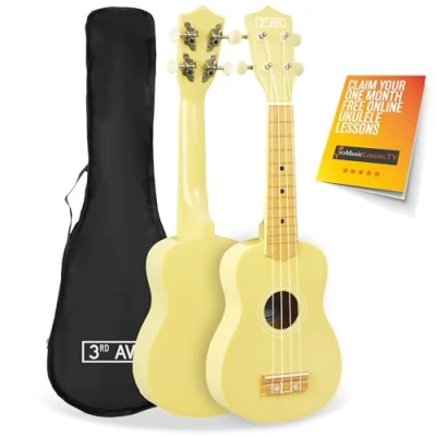 Abbildung von 3rd Avenue Sopran Ukulele Für Anfänger, 21 Zoll, 4 Nylonsaiten Mit Kostenloser Uke Tasche Pastellgelb 1 Monat Online Unterricht