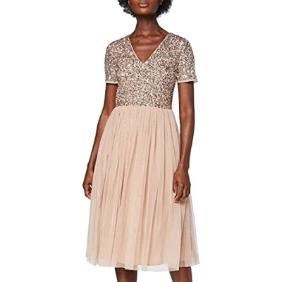 Abbildung von Maya Deluxe Damen Midi Kleid mit V Ausschnitt, Verziert Brautjungfernkleid, Taupe Blush, 48