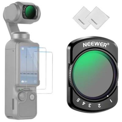 Abbildung von NEEWER Variabler ND Filter kompatibel mit DJI Osmo Pocket 3 Creator Combo Zubehör, magnetischer ND2 32 einstellbarer Graufilter Actionkamera Objektivfilter, 2x Displayschutzfolie Reinigungstuch