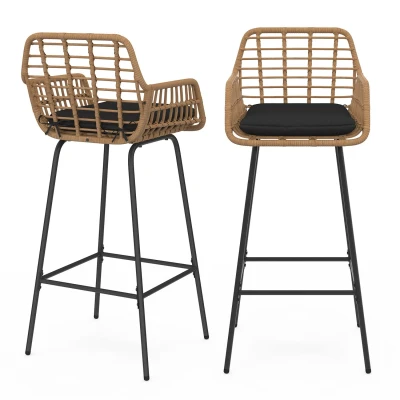 Abbildung von IDMarket 2er Set Barhocker Sommer mit Armlehnen in Rattan Optik Beige schwarzem Metallfuß