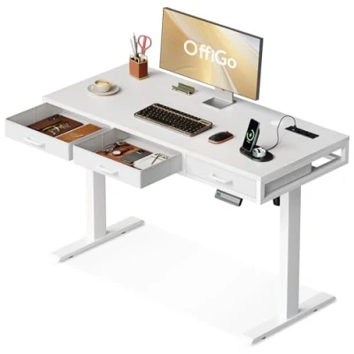 Abbildung von OffiGo höhenverstellbarer Schreibtisch, Schreibtisch höhenverstellbar elektrisch with Drawers, 120 * 54 höhenverstellbar, Tisch für Office, Freizeit und Spiele, Weiß