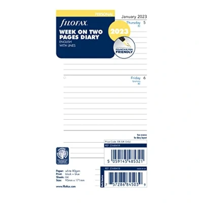 Abbildung von Filofax Nachfüllpackung, persönliche/kompakte Größe, Wochenansicht, weißes Papier, liniert, englisch, 2023 (C68418 23) (68418 2018)